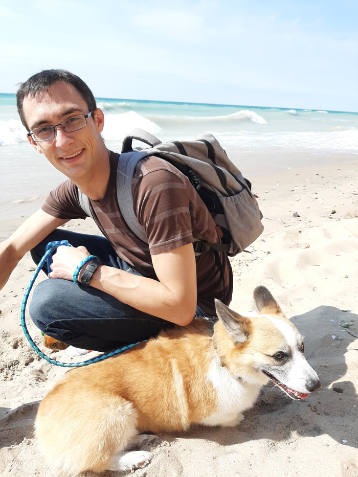 james at beach with dog